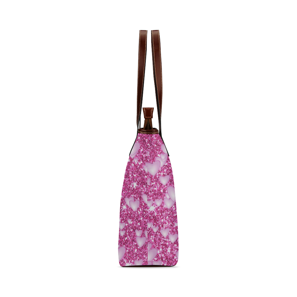 Hearts on Sparkling glitter print, pink Shoulder Tote Bag (Model 1646)