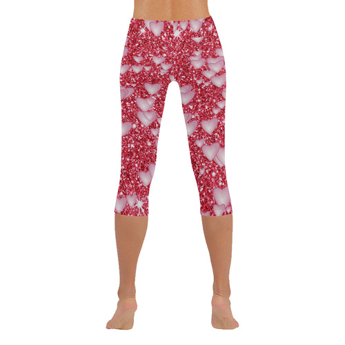 Hearts on Sparkling glitter print, red Women's Low Rise Capri Leggings (Invisible Stitch) (Model L08)