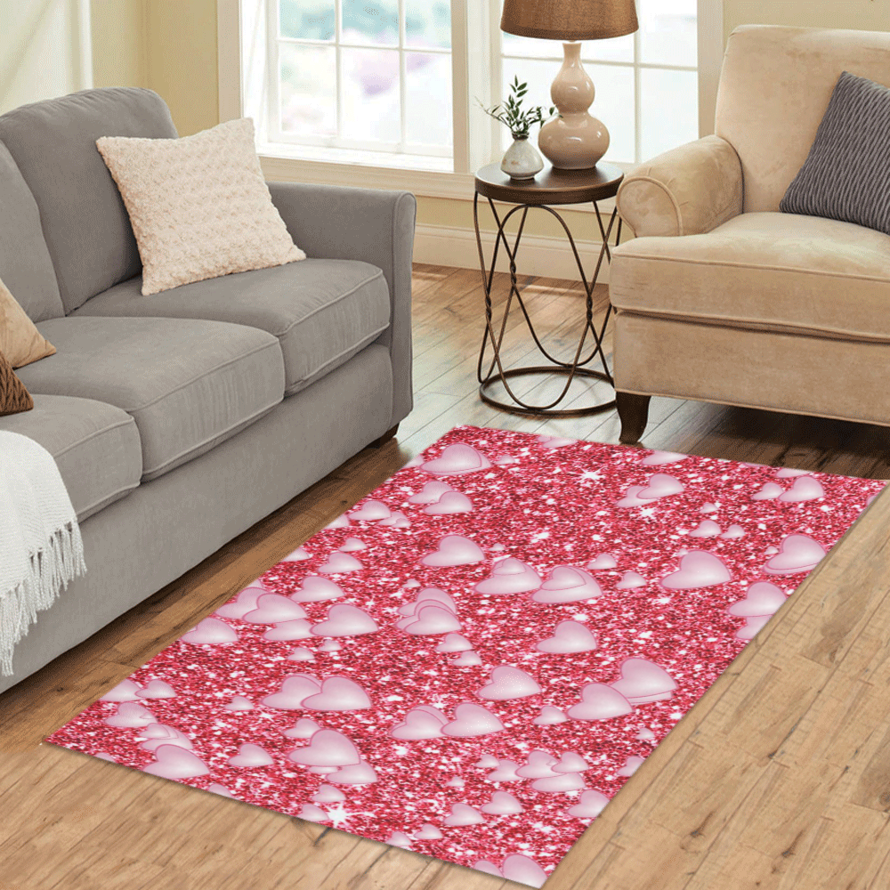 Hearts on Sparkling glitter print, red Area Rug 5'x3'3''
