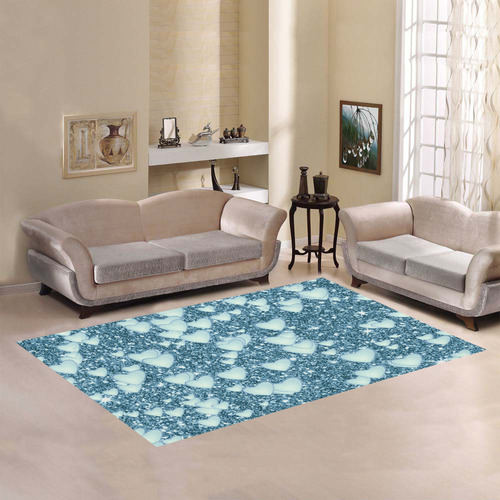 Hearts on Sparkling glitter print, teal Area Rug7'x5'