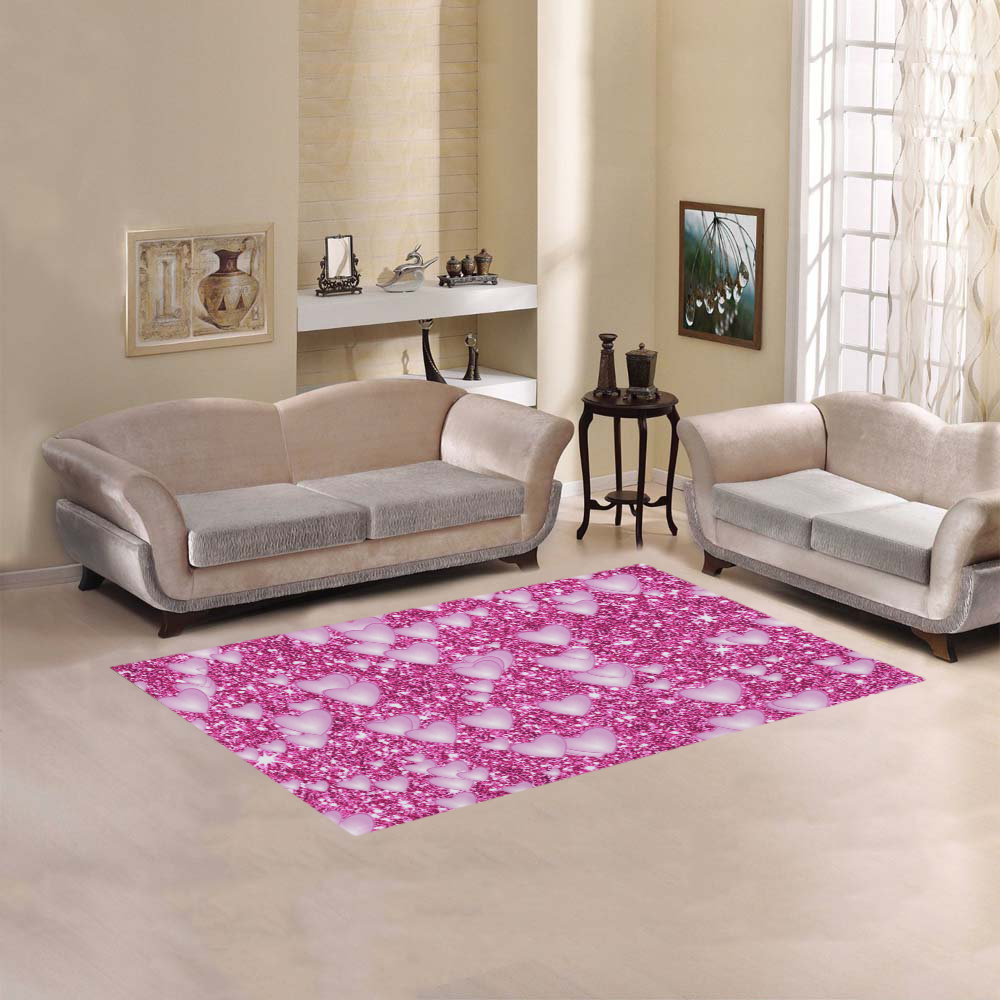 Hearts on Sparkling glitter print, pink Area Rug 5'x3'3''