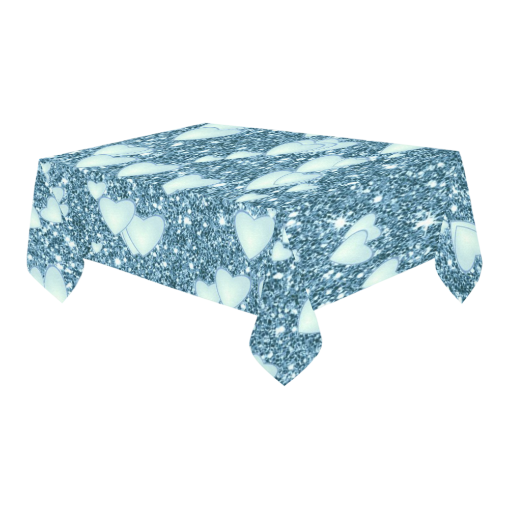 Hearts on Sparkling glitter print, teal Cotton Linen Tablecloth 60" x 90"