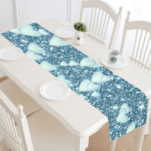 Hearts on Sparkling glitter print, teal Table Runner 16x72 inch