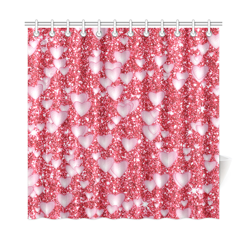 Hearts on Sparkling glitter print, red Shower Curtain 72"x72"