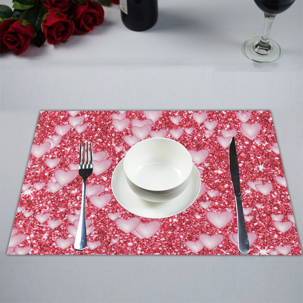 Hearts on Sparkling glitter print, red Placemat 14’’ x 19’’ (Set of 6)