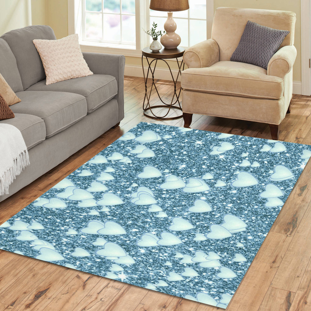 Hearts on Sparkling glitter print, teal Area Rug7'x5'