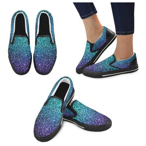 Beautiful Aqua blue Ombre glitter sparkles Slip-on Canvas Shoes for Kid (Model 019)