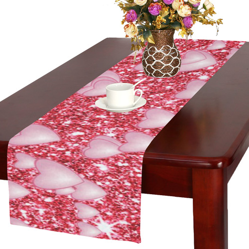 Hearts on Sparkling glitter print, red Table Runner 16x72 inch