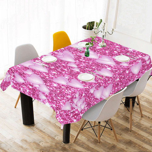 Hearts on Sparkling glitter print, pink Cotton Linen Tablecloth 60"x 104"