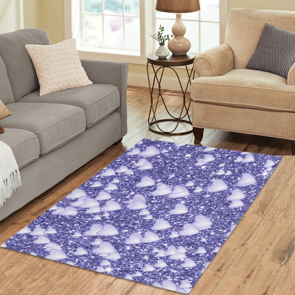 Hearts on Sparkling glitter print, blue Area Rug 5'3''x4'