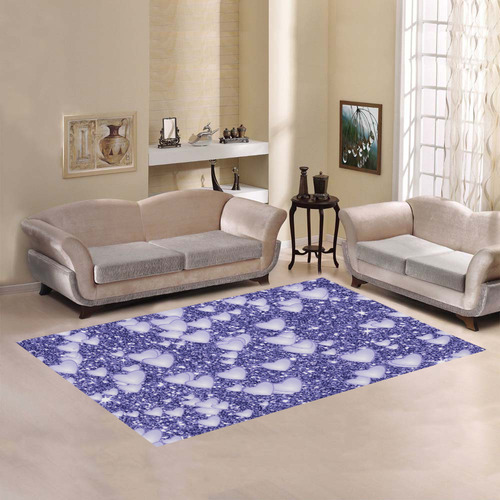 Hearts on Sparkling glitter print, blue Area Rug7'x5'