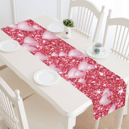 Hearts on Sparkling glitter print, red Table Runner 16x72 inch