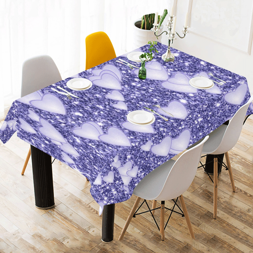 Hearts on Sparkling glitter print, blue Cotton Linen Tablecloth 60" x 90"