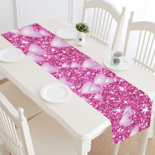 Hearts on Sparkling glitter print, pink Table Runner 16x72 inch
