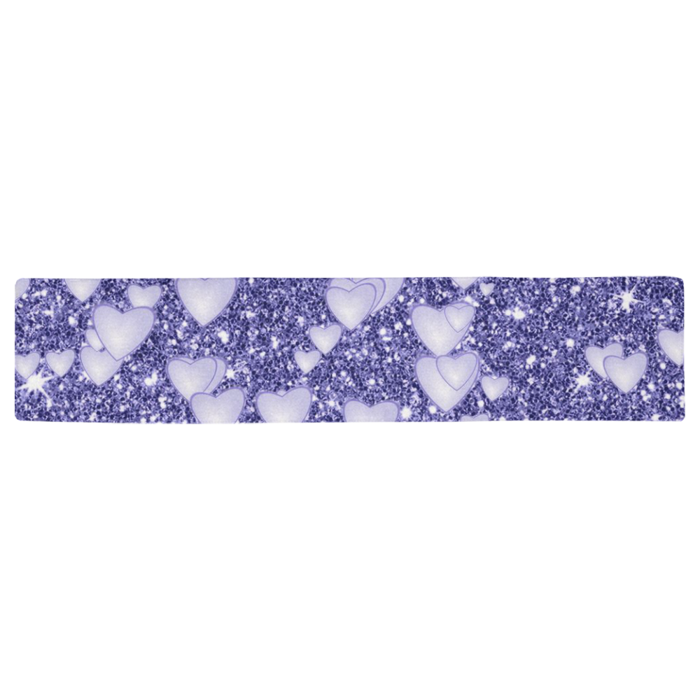 Hearts on Sparkling glitter print, blue Table Runner 16x72 inch