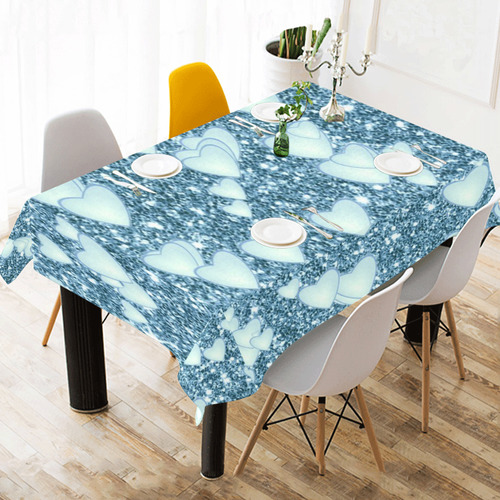 Hearts on Sparkling glitter print, teal Cotton Linen Tablecloth 60" x 90"