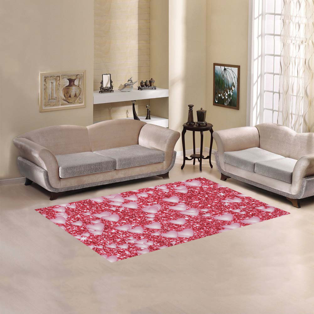 Hearts on Sparkling glitter print, red Area Rug 5'x3'3''