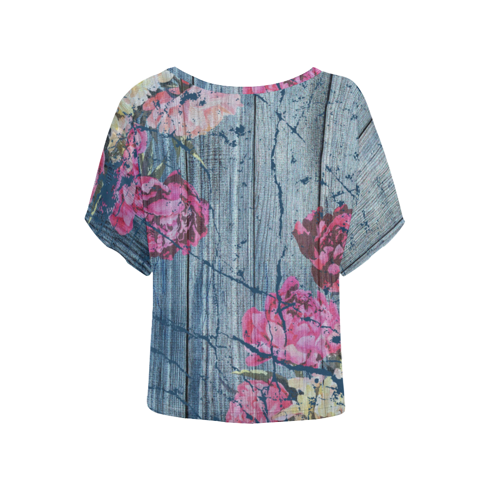 Shabby chic with painted peonies Women's Batwing-Sleeved Blouse T shirt (Model T44)