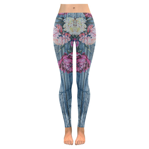 Shabby chic with painted peonies Women's Low Rise Leggings (Invisible Stitch) (Model L05)