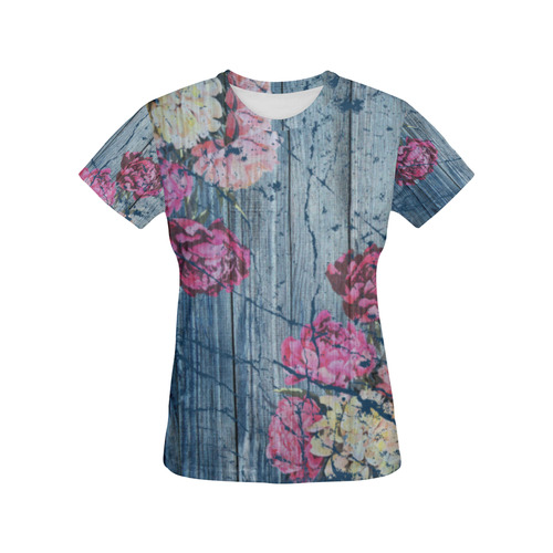 Shabby chic with painted peonies All Over Print T-Shirt for Women (USA Size) (Model T40)