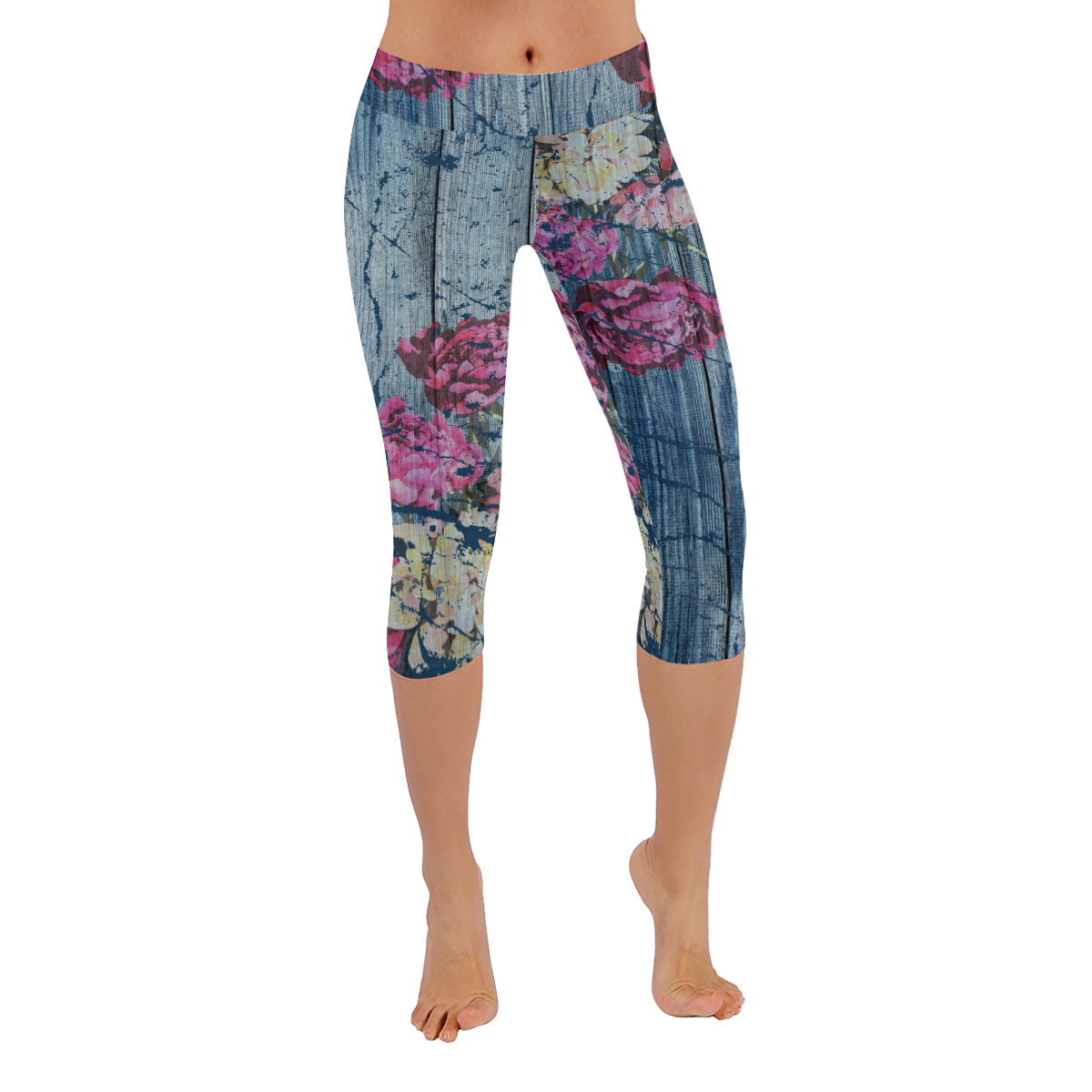 Shabby chic with painted peonies Women's Low Rise Capri Leggings (Invisible Stitch) (Model L08)