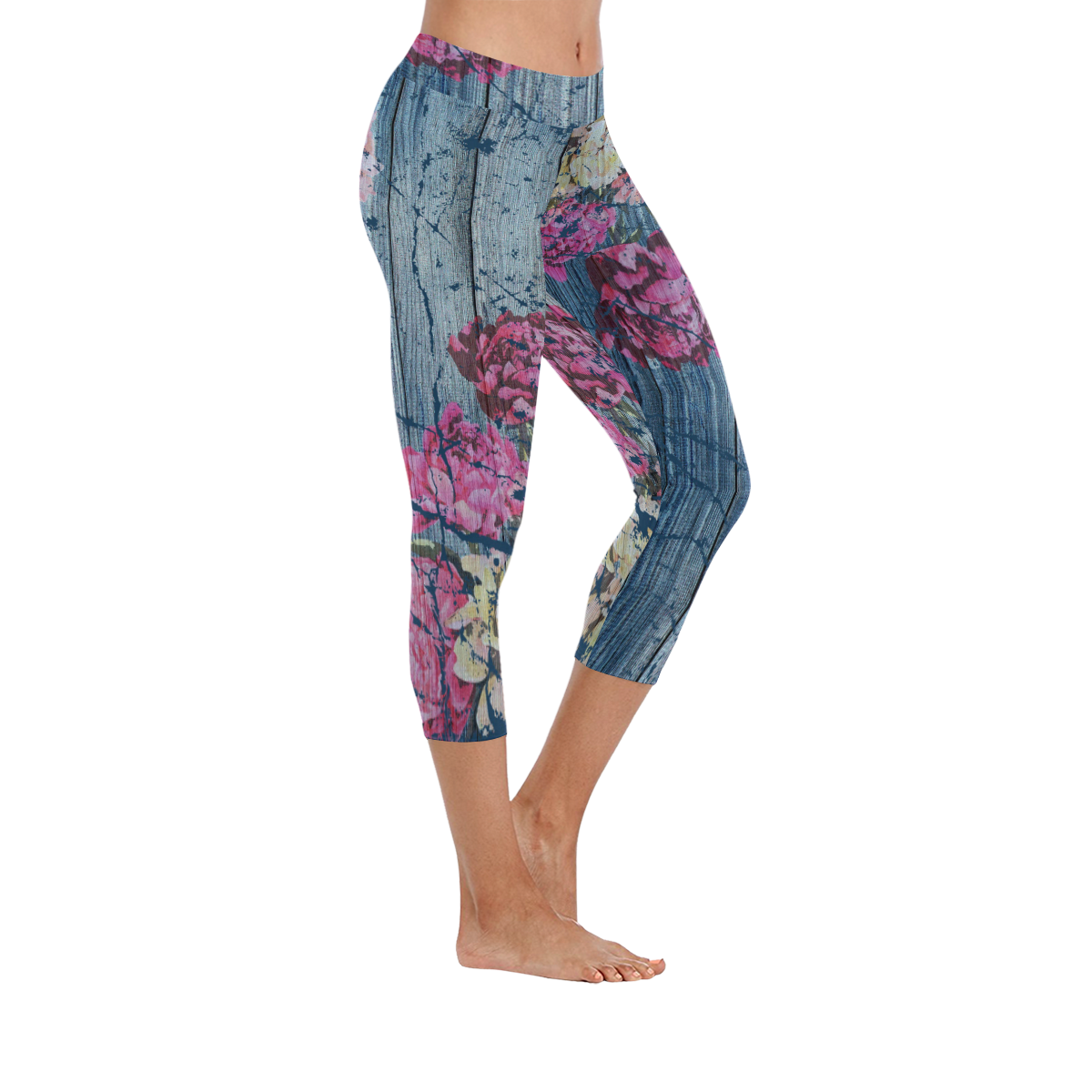 Shabby chic with painted peonies Women's Low Rise Capri Leggings (Invisible Stitch) (Model L08)