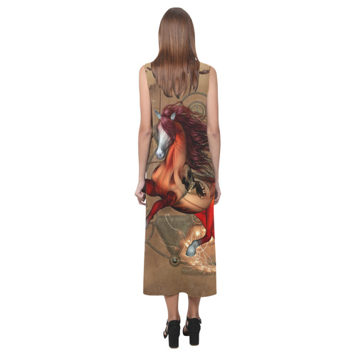 Wonderful horse with skull, red colors Phaedra Sleeveless Open Fork Long Dress (Model D08)