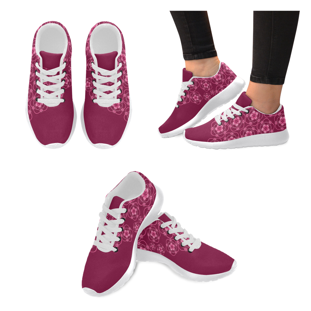 Floral & Burgundy Women's Running Shoes/Large Size (Model 020)