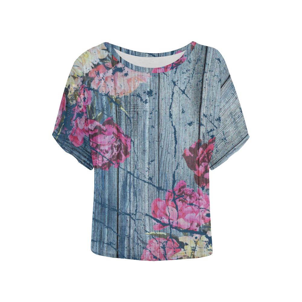 Shabby chic with painted peonies Women's Batwing-Sleeved Blouse T shirt (Model T44)