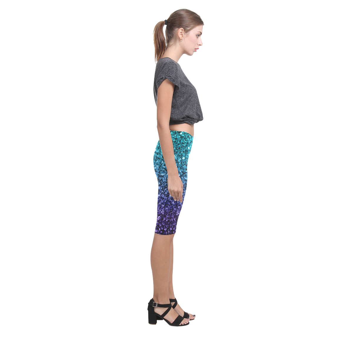 Beautiful Aqua blue Ombre glitter sparkles Hestia Cropped Leggings (Model L03)