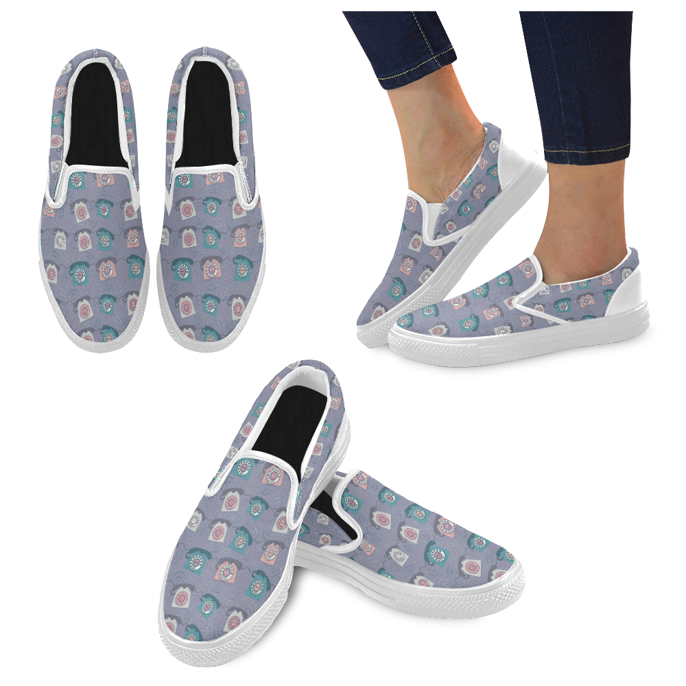 Retro Phone Pattern - Pink and Purple Women's Unusual Slip-on Canvas Shoes (Model 019)