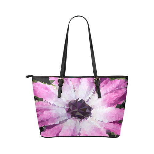 Pink Flower Floral Geometric Triangles Leather Tote Bag/Large (Model 1651)