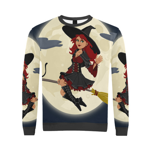 Funny Witch and Cat All Over Print Crewneck Sweatshirt for Men (Model H18)