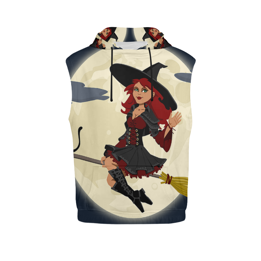Funny Witch and Cat All Over Print Sleeveless Hoodie for Men (Model H15)