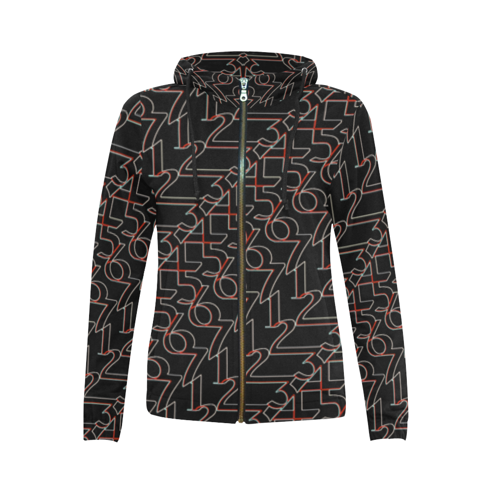 NUMBERS Collection Women 1234567 Hoodie blk/red All Over Print Full Zip Hoodie for Women (Model H14)