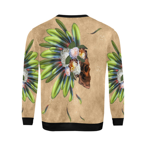 Amazing skull with feathers and flowers All Over Print Crewneck Sweatshirt for Men/Large (Model H18)