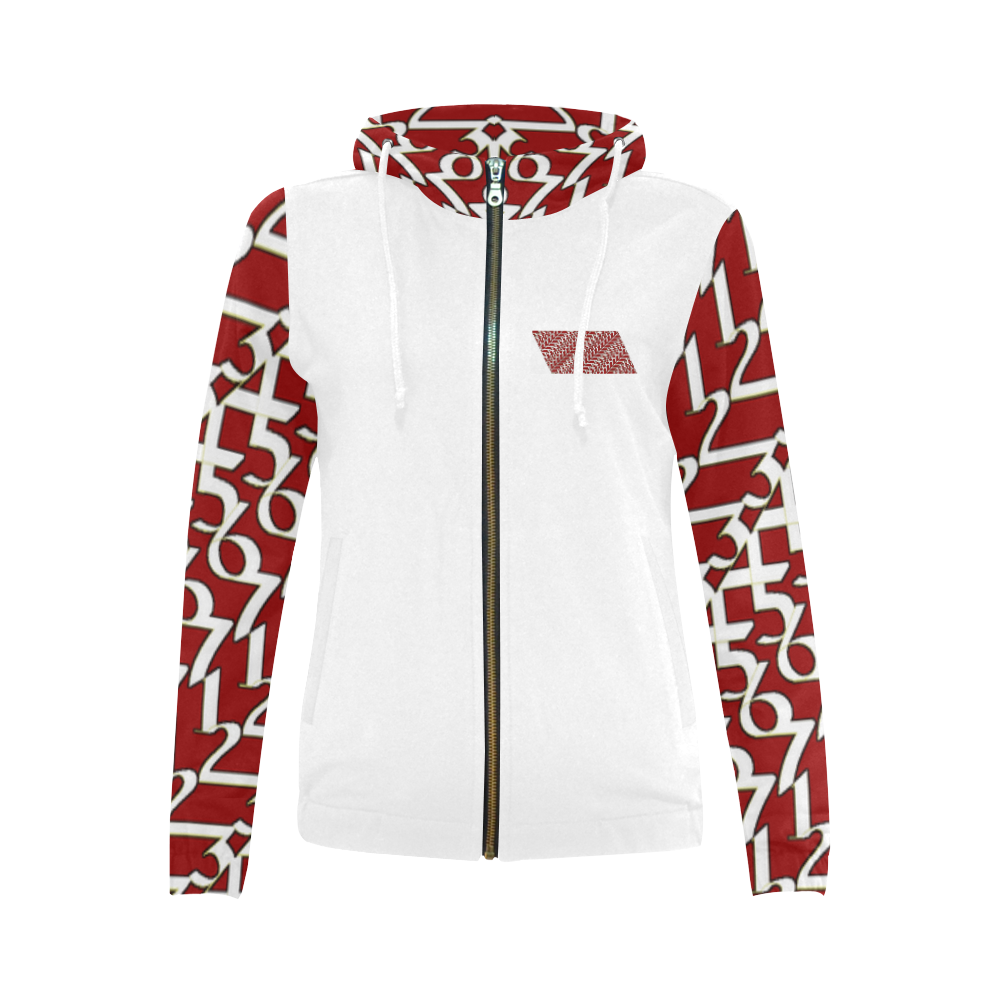 NUMBERS Collection Women 1234567 Hoodie Logo wht/red All Over Print Full Zip Hoodie for Women (Model H14)