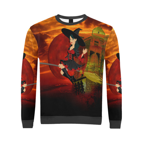Witch and Red Moon All Over Print Crewneck Sweatshirt for Men (Model H18)