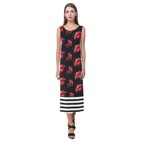 Red Hibiscus With Black & White Stripes Phaedra Sleeveless Open Fork Long Dress (Model D08)