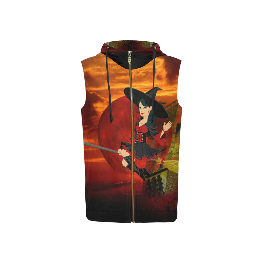 Witch and Red Moon All Over Print Sleeveless Zip Up Hoodie for Women (Model H16)