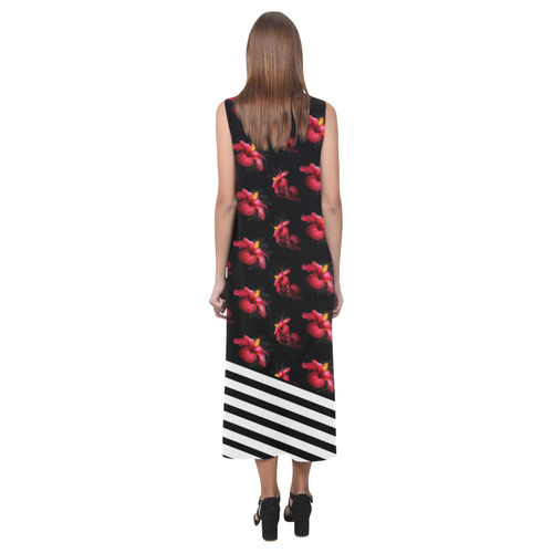 Red Hibiscus With Black & White Stripes Phaedra Sleeveless Open Fork Long Dress (Model D08)