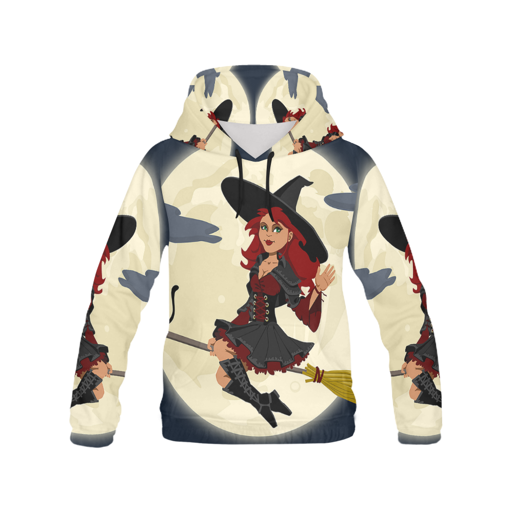 Funny Witch and Cat All Over Print Hoodie for Women (USA Size) (Model H13)