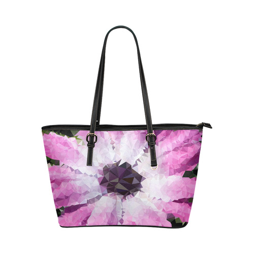 Pink Flower Floral Geometric Triangles Leather Tote Bag/Large (Model 1651)