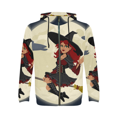 Funny Witch and Cat All Over Print Full Zip Hoodie for Men (Model H14)