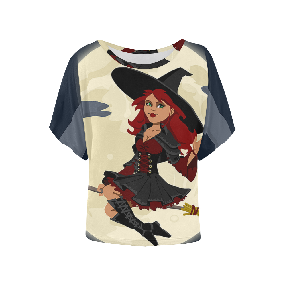 Funny Witch and Cat Women's Batwing-Sleeved Blouse T shirt (Model T44)