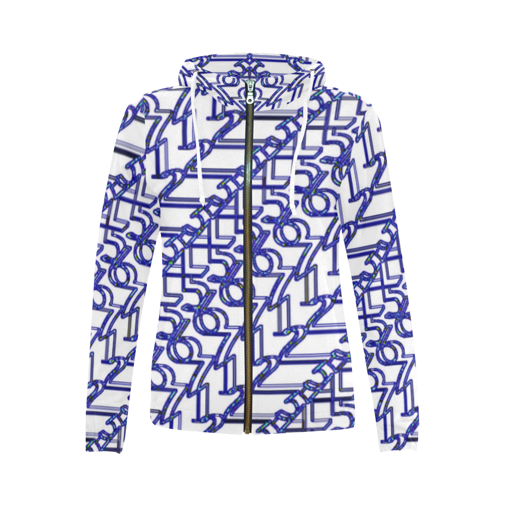 NUMBERS Collection Women 1234567 Hoodie wht/blu All Over Print Full Zip Hoodie for Women (Model H14)