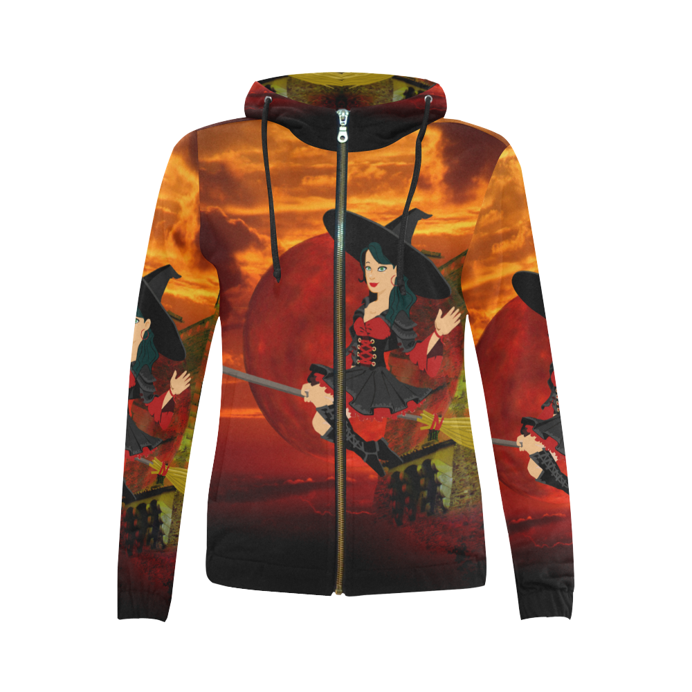 Witch and Red Moon All Over Print Full Zip Hoodie for Women (Model H14)