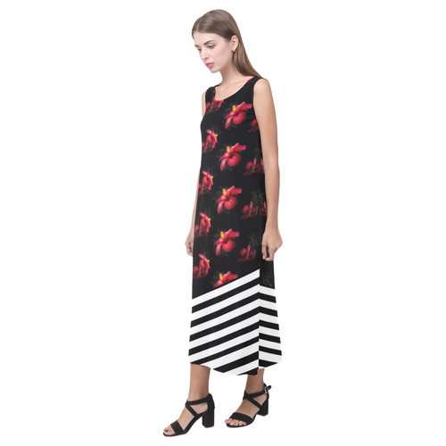 Red Hibiscus With Black & White Stripes Phaedra Sleeveless Open Fork Long Dress (Model D08)