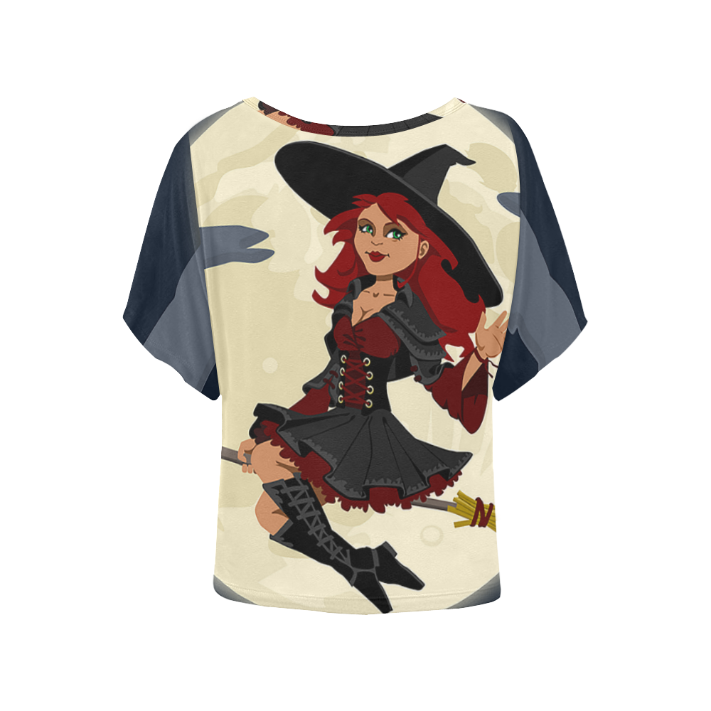 Funny Witch and Cat Women's Batwing-Sleeved Blouse T shirt (Model T44)