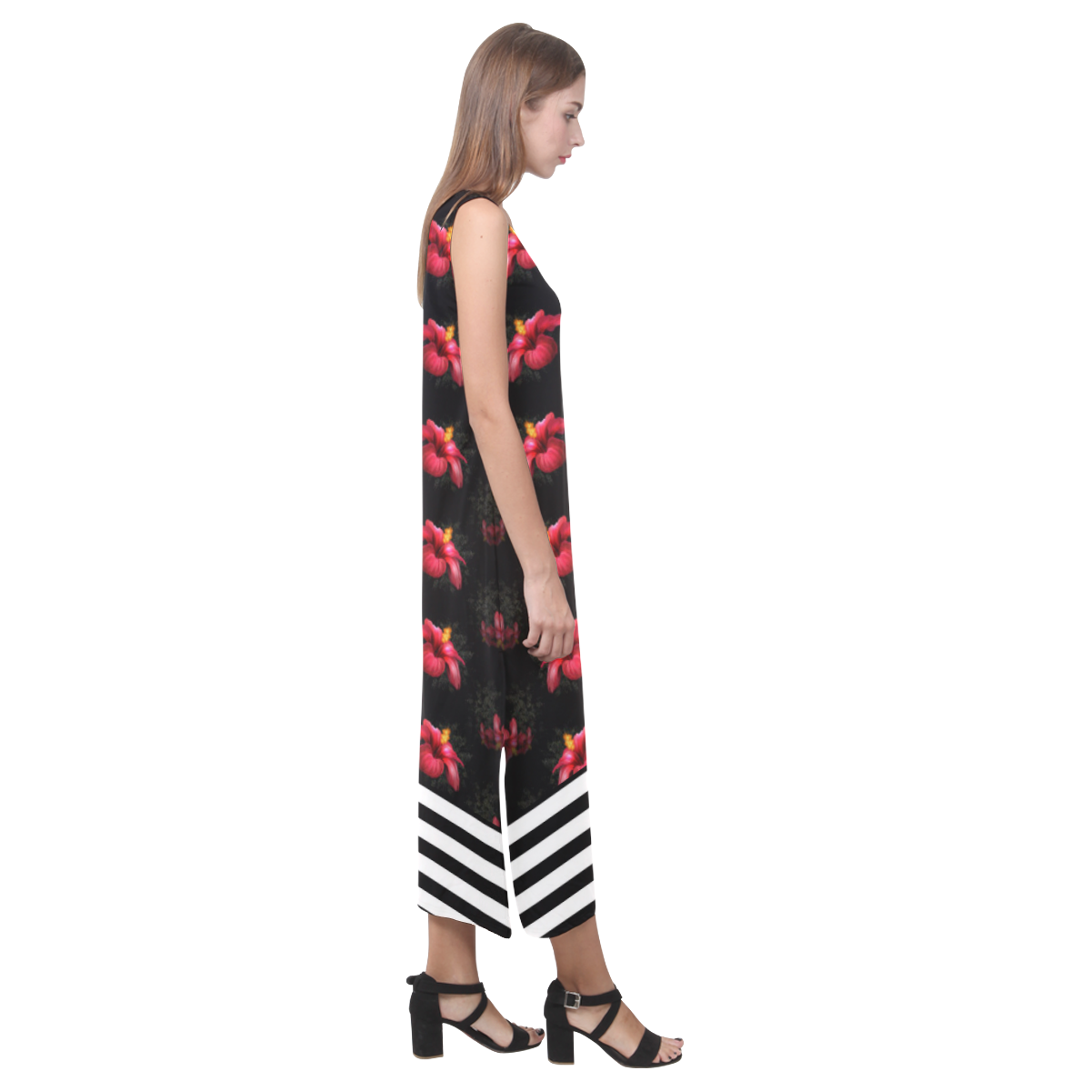 Red Hibiscus With Black & White Stripes Phaedra Sleeveless Open Fork Long Dress (Model D08)